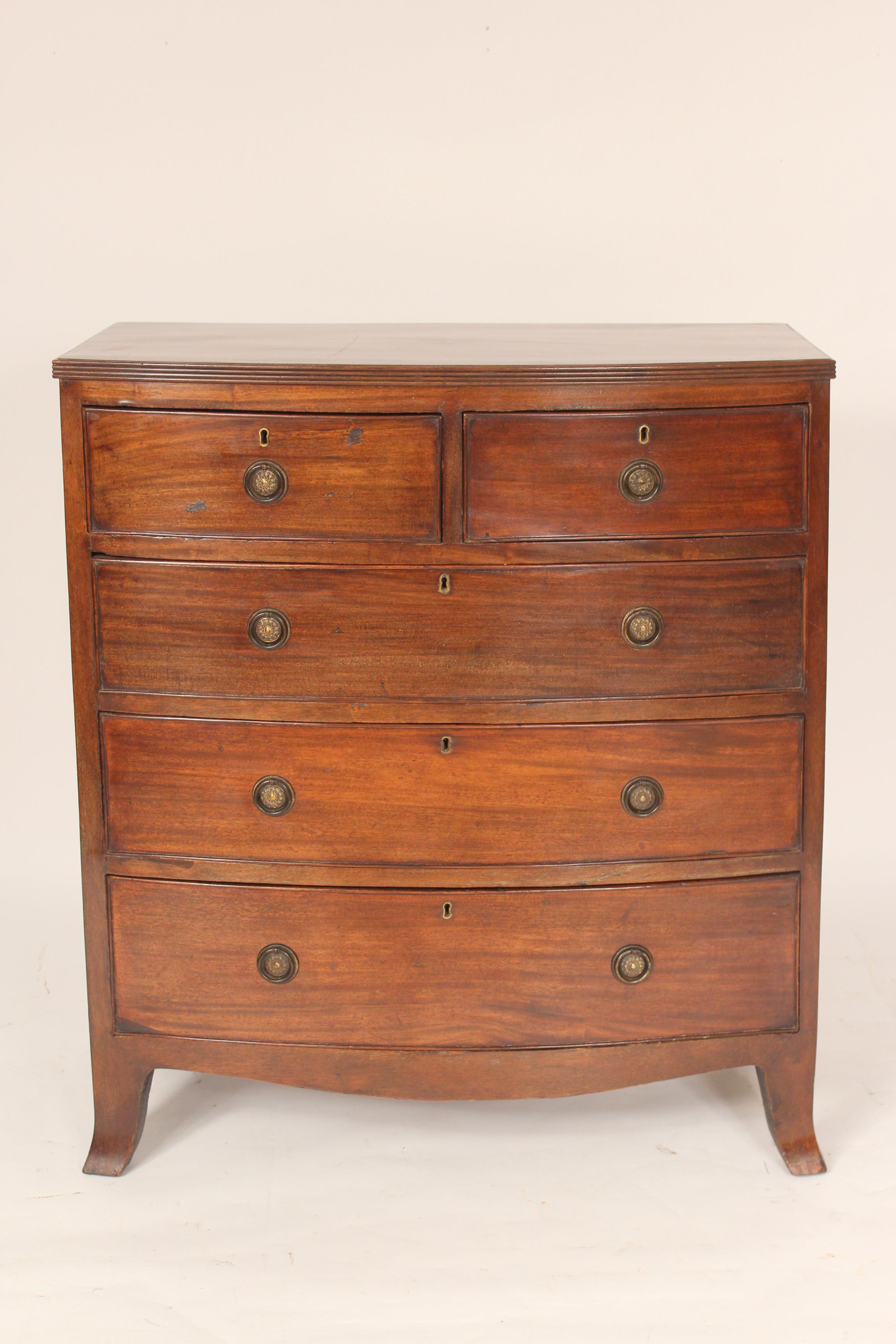 Antique George III style mahogany bow front chest of drawers, late 19th century. With nice old color and brass hardware.