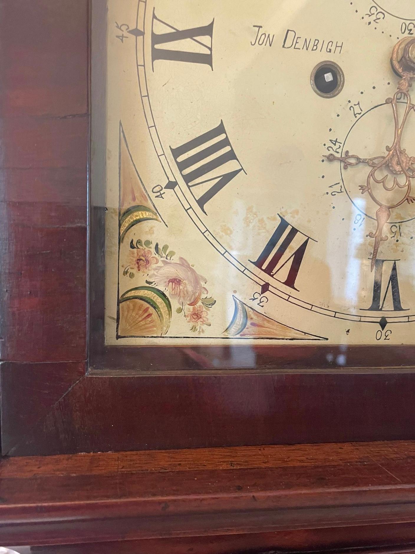 Antike George III Hochwertige Mahagoni-Standuhr mit Intarsien für acht Tage  im Angebot 3