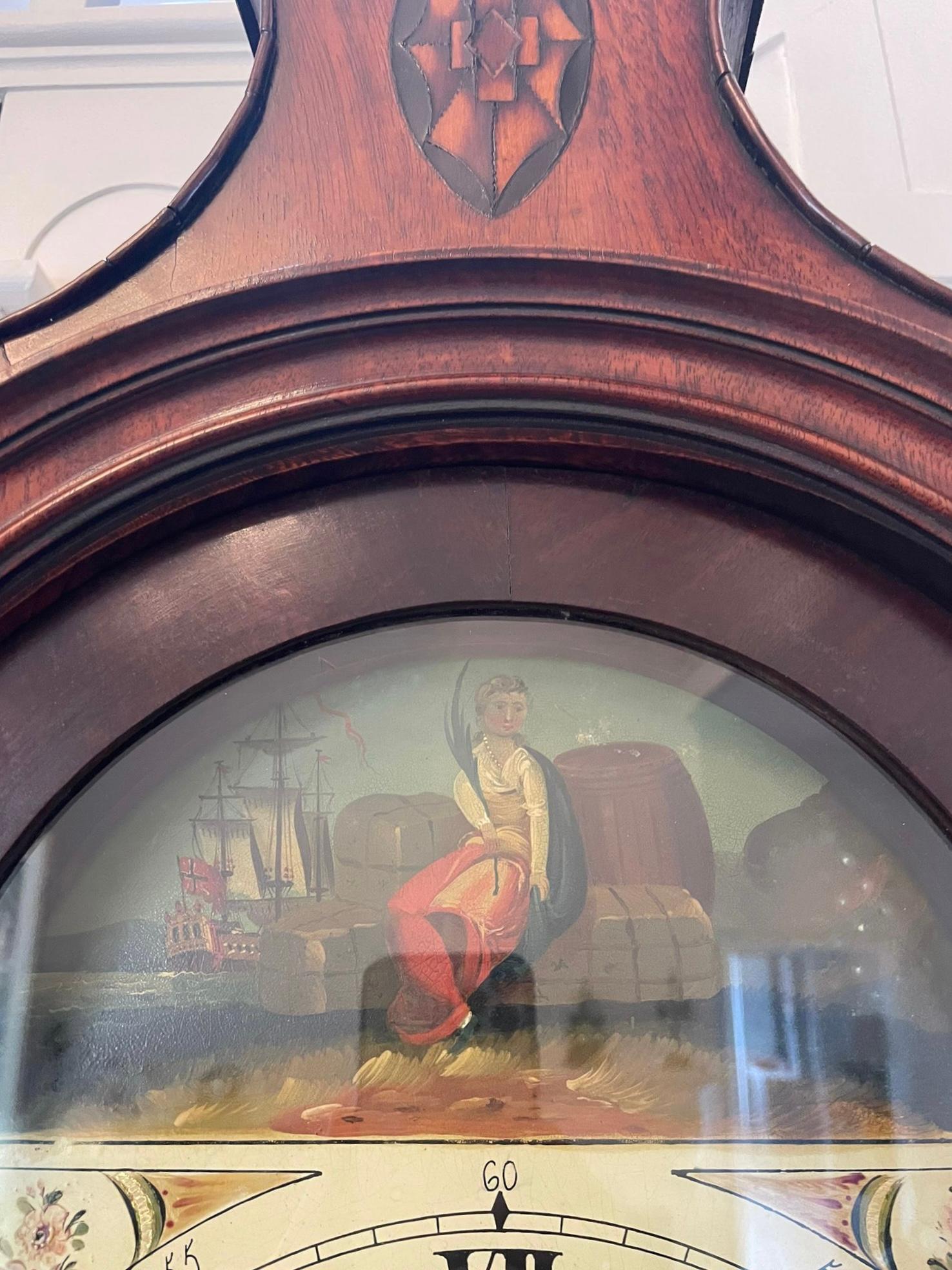 Antike George III Hochwertige Mahagoni-Standuhr mit Intarsien für acht Tage  im Angebot 6