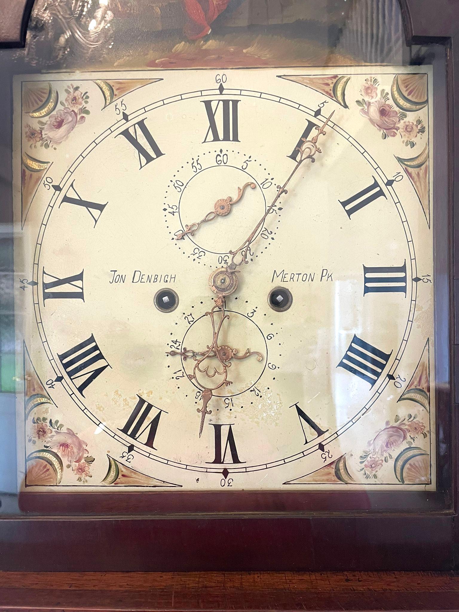 Antique George III superior quality mahogany inlaid eight day longcase clock having a magnificent quality mahogany case with a pergola shaped top, pretty satinwood inlaid shells, satinwood and ebony inlay to the case, quality painted arched dial