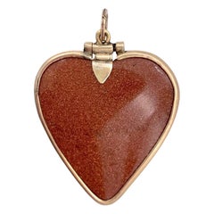 Antique George IV Aventurine Glass Heart Pendant Necklace Silver Guilt