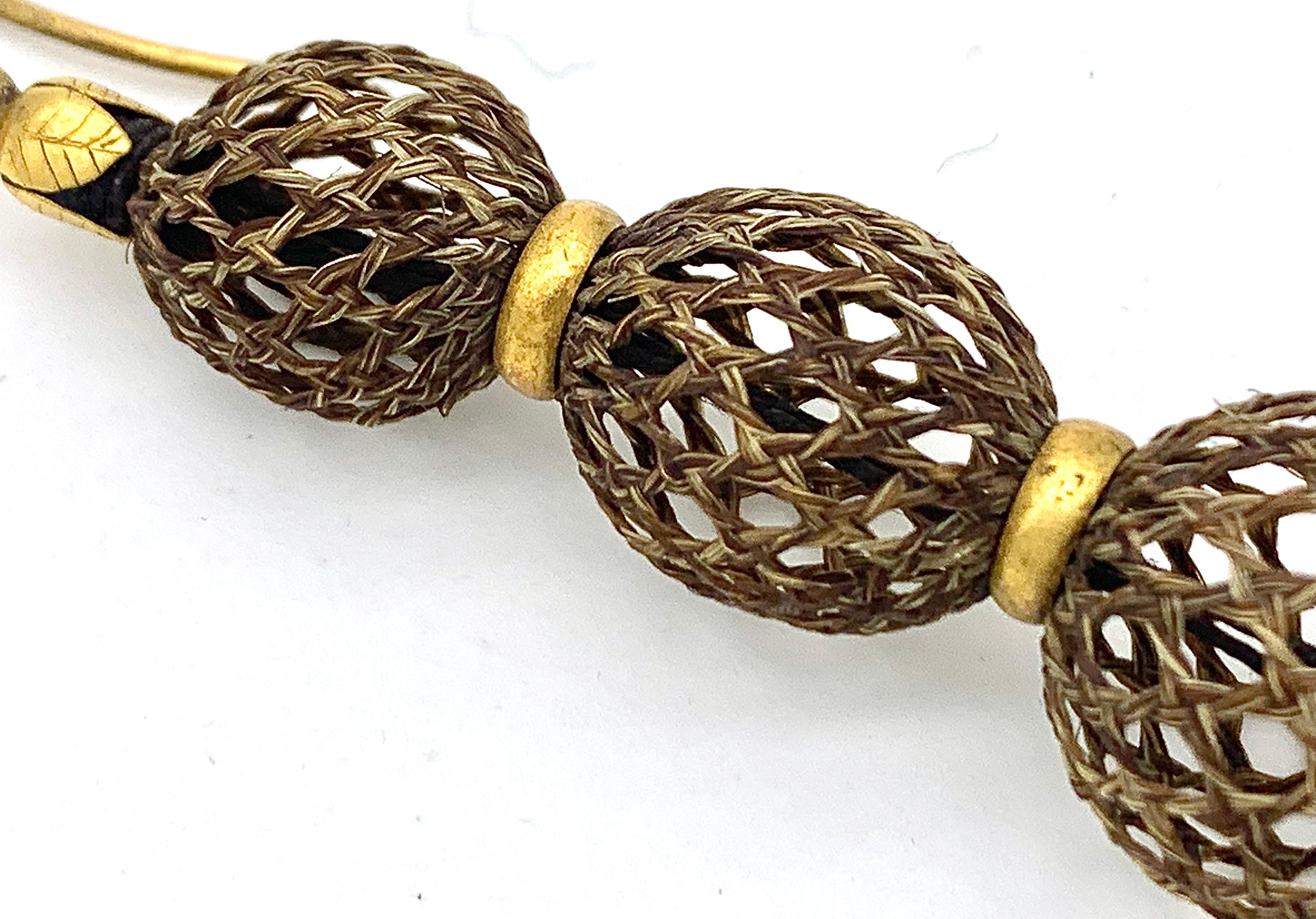 Women's Antique George IV Drop Earrings 14 Karat Gold Woven Hair Leaf Ornaments For Sale
