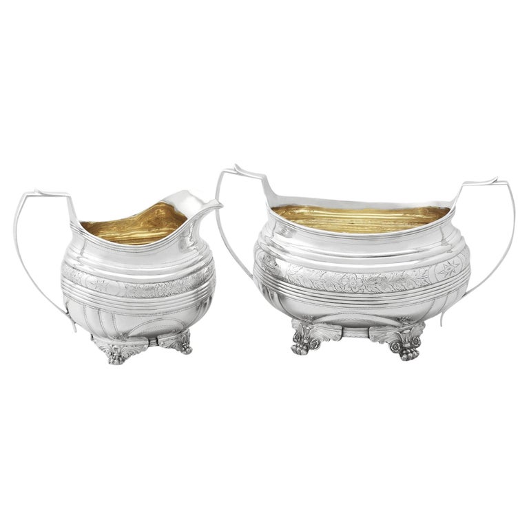 Antique George IV English Sterling Silver Cream Jug or Creamer and Sugar Bowl For Sale