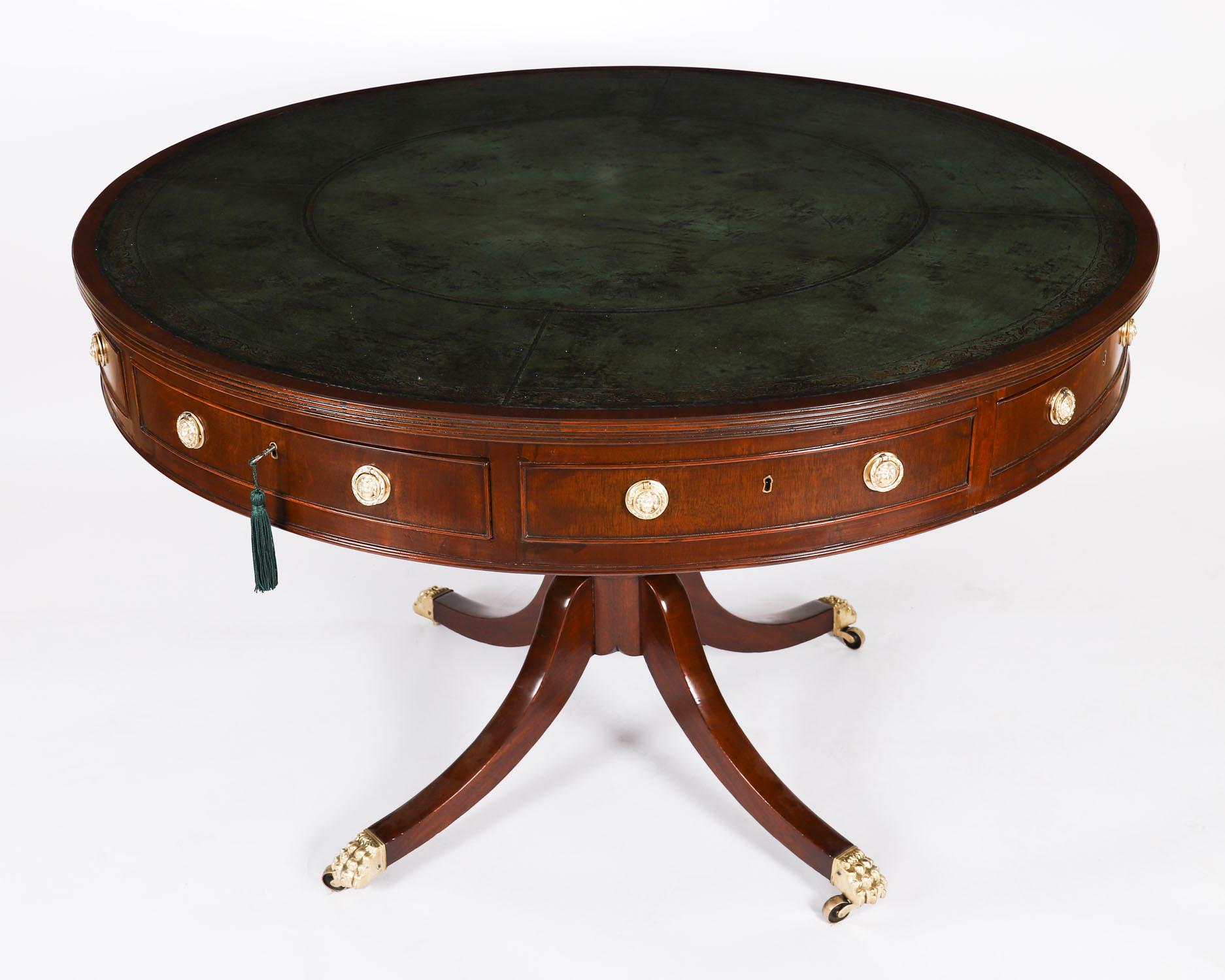 Brass Antique George IV Flame Mahogany Library Drum Table 19th Century For Sale