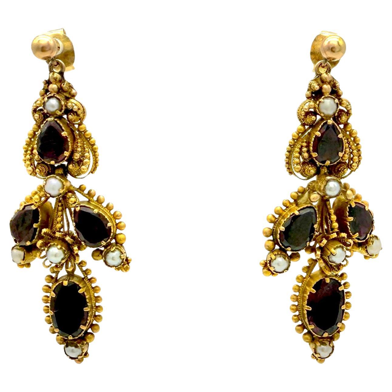Antique George IV Gold 14K Dangle Earrings Garnets Natural Pearls For Sale