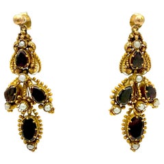 Pendientes Colgantes Antiguos Jorge IV Oro 14K Granates Perlas Naturales