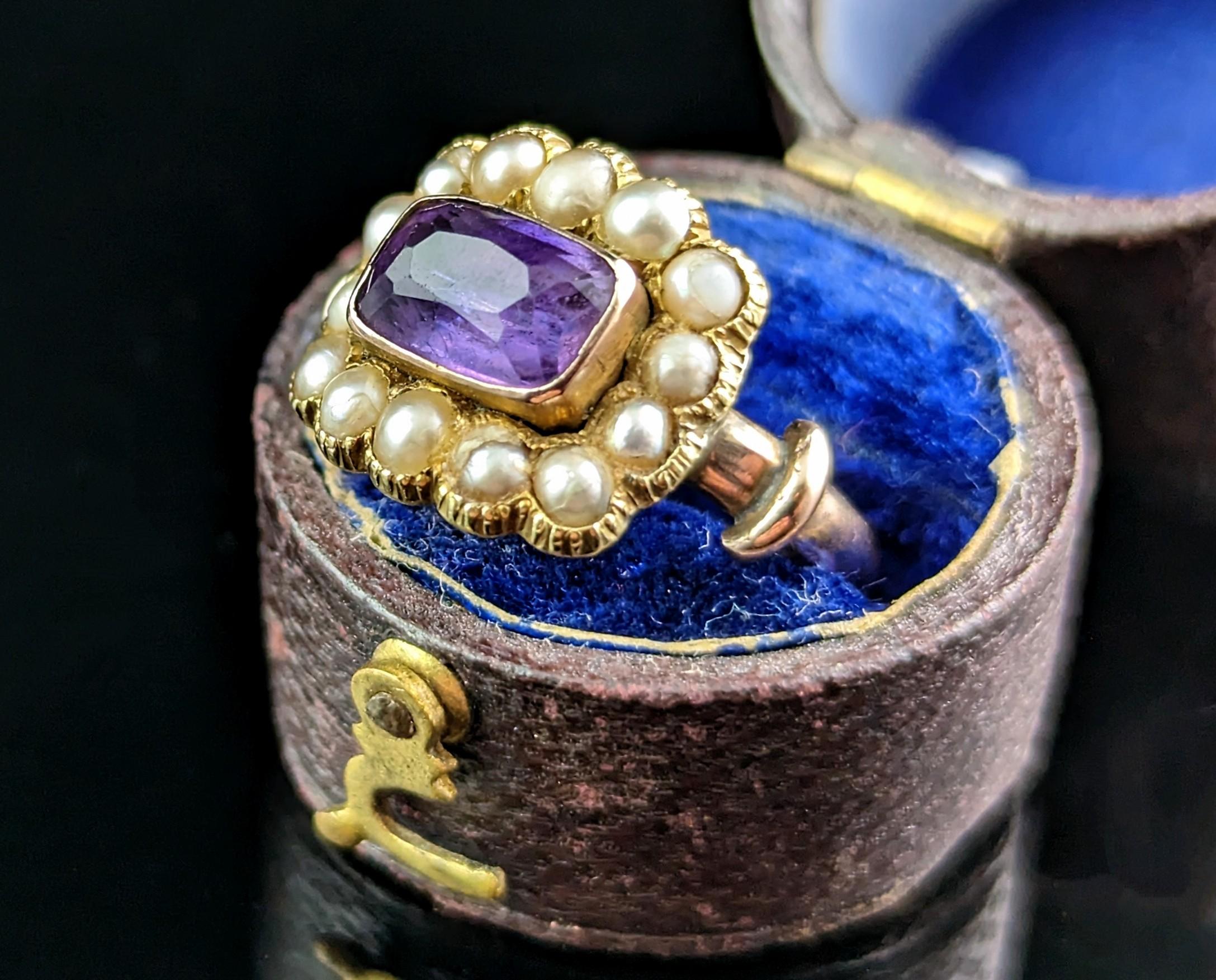 Georgian Antique George IV Mourning Ring, Amethyst and Pearl