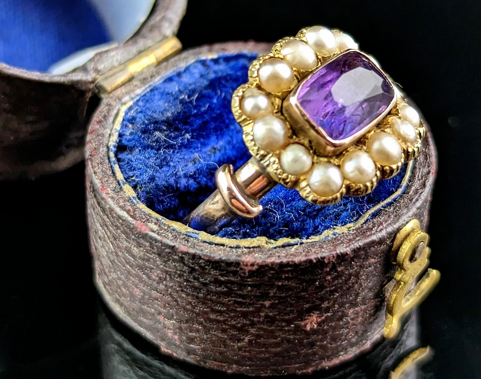 Cabochon Antique George IV Mourning Ring, Amethyst and Pearl