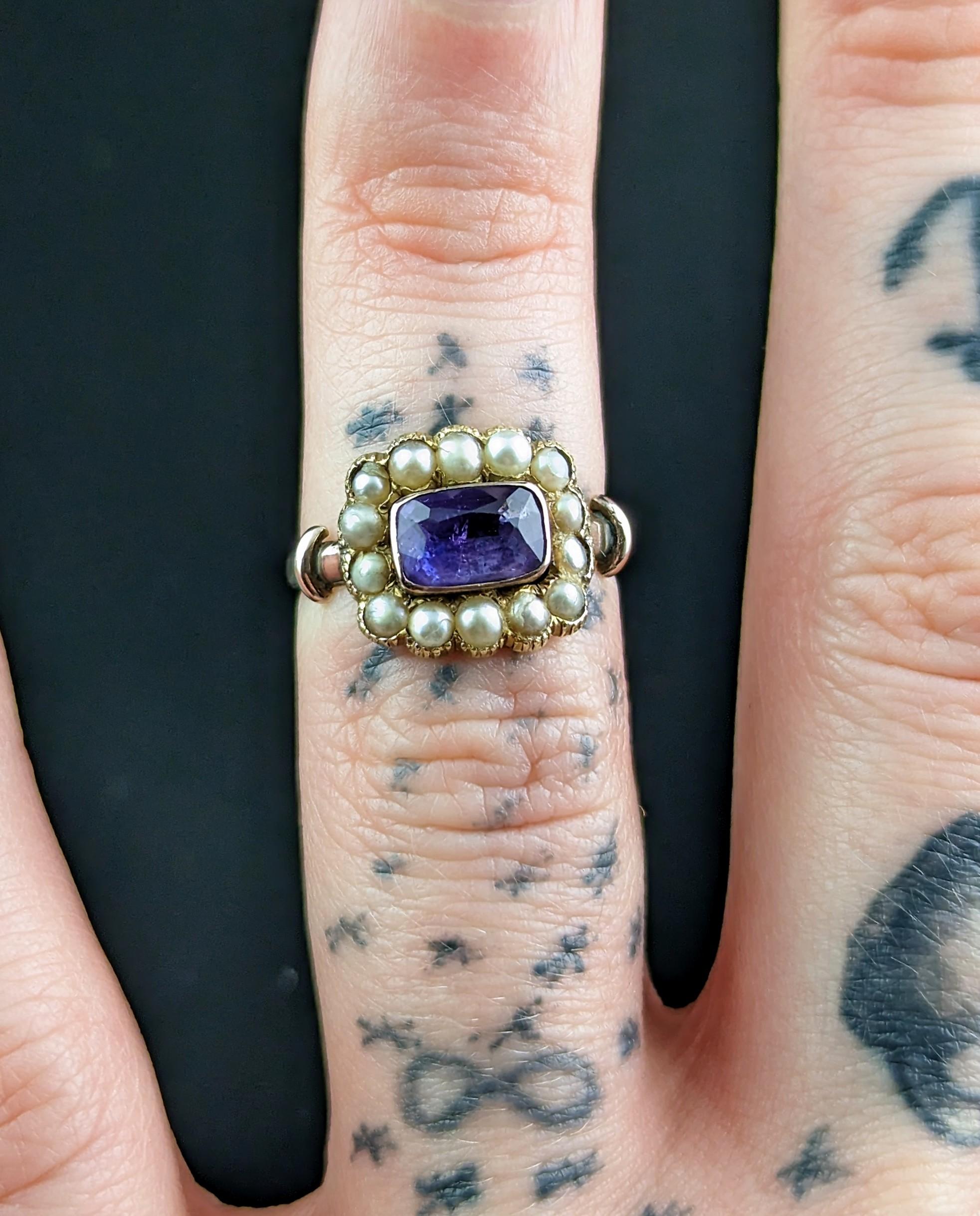 Antique George IV Mourning Ring, Amethyst and Pearl 1