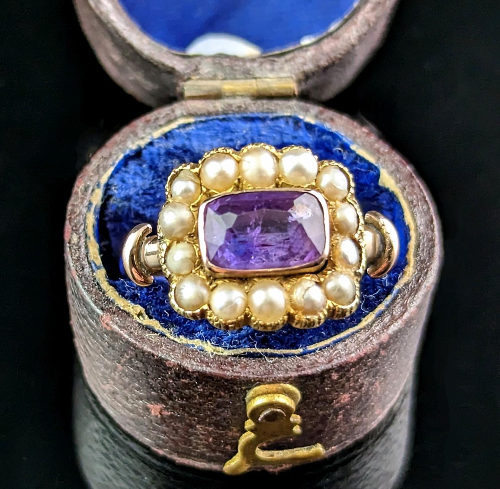 Antique George IV Mourning Ring, Amethyst and Pearl 2
