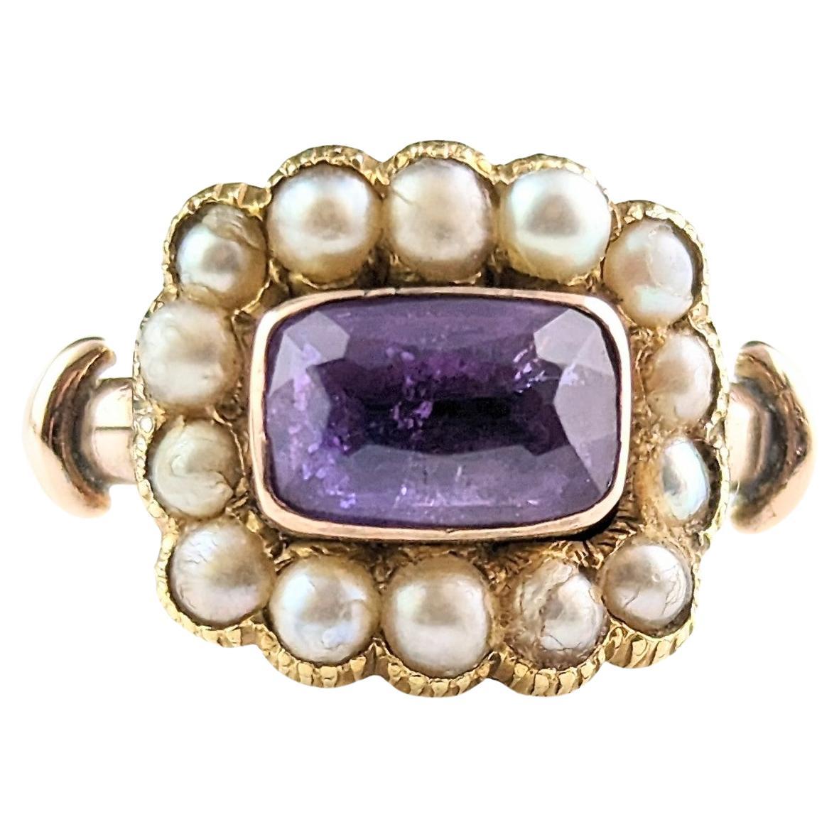 Antique George IV Mourning Ring, Amethyst and Pearl