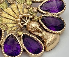 Antique George iv Peacock Brooch 15 Karat Gold À Trois Couleus Amethysts