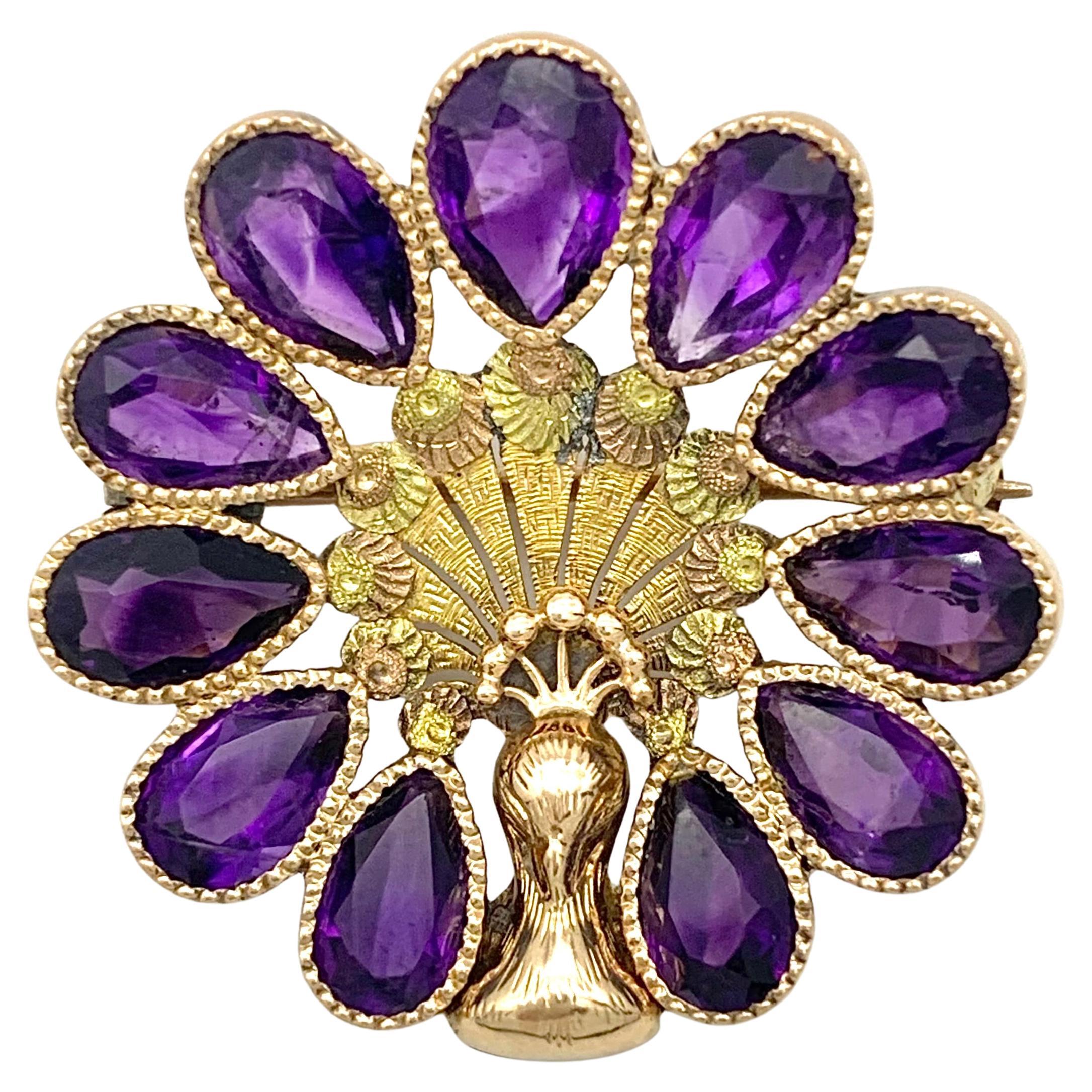Antique George IV Broche Paon Or 15 Karat à trois couleus Amethysts