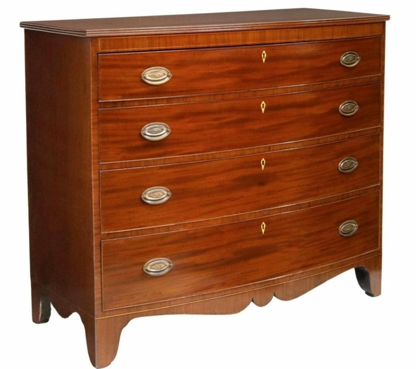 Brass Antique George IV Period Mahogany Bow Front Chest Of Drawers  For Sale