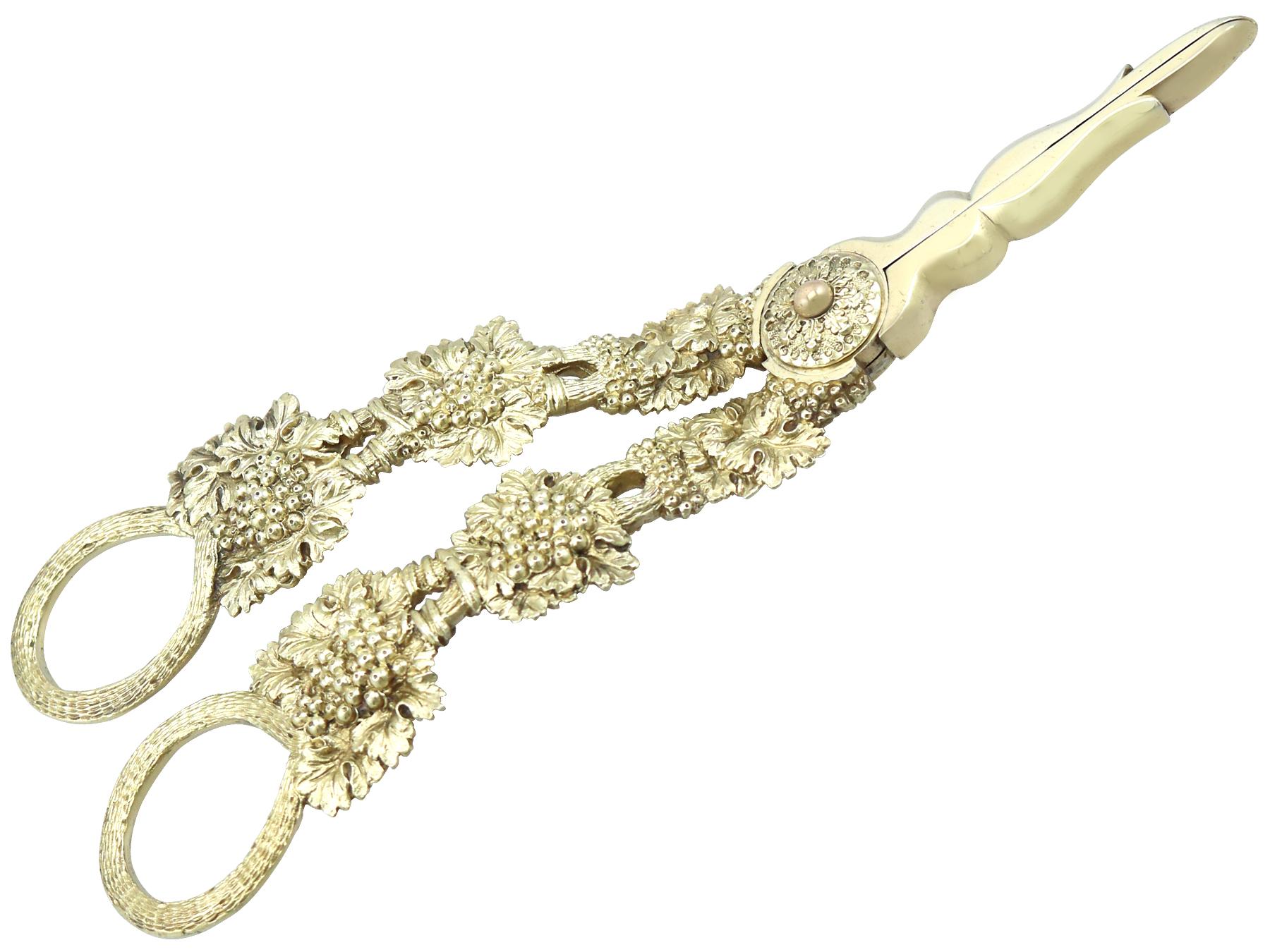 George IV Antique 1824 Sterling Silver Gilt Grape Shears For Sale