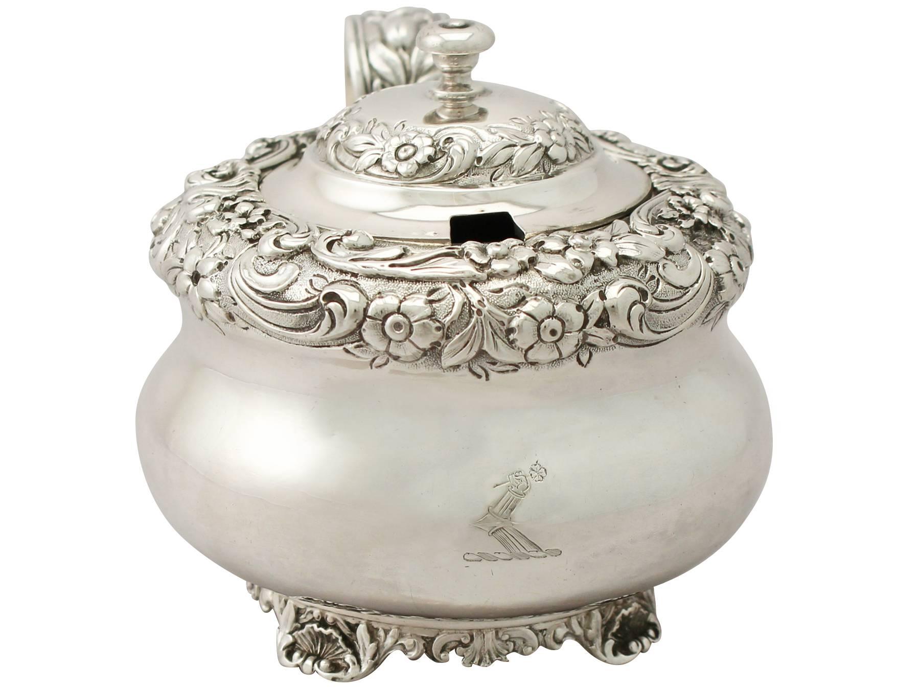 An exceptional, fine and impressive, large antique George IV English sterling silver mustard pot made by William Bateman II; an addition to our George IV silver condiments collection.

This exceptional antique George IV sterling silver mustard pot