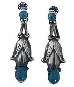 Boucles d'oreilles pendantes anciennes George Jensen en malachite sterling n° 28 C.1935.