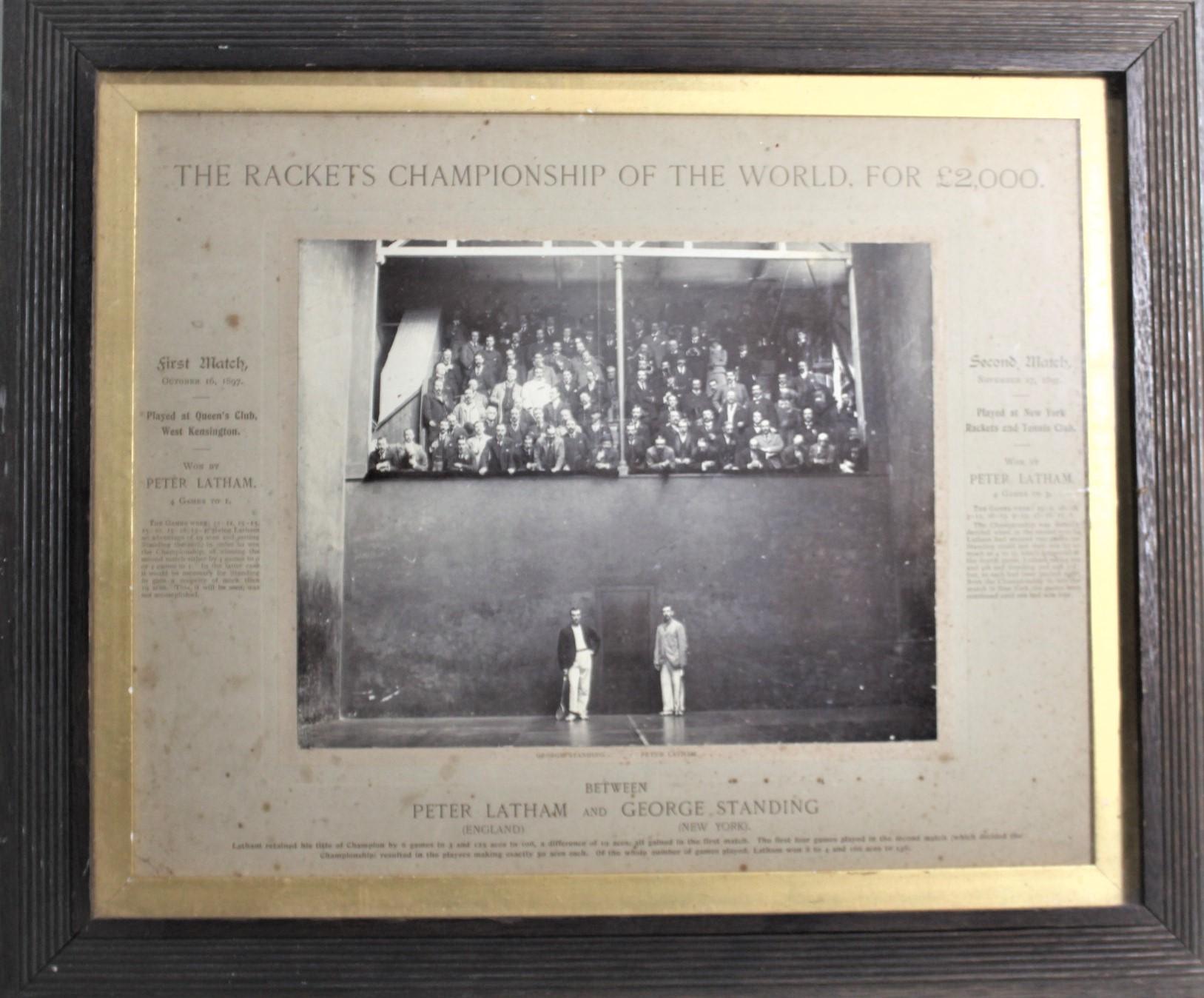 This framed and matted antique photograph was done by the Thomas Bromley Fine Art Gallery of England in approximately 1905 in the period Edwardian style. The photograph commemorates the racquet matches which took place in England and the United