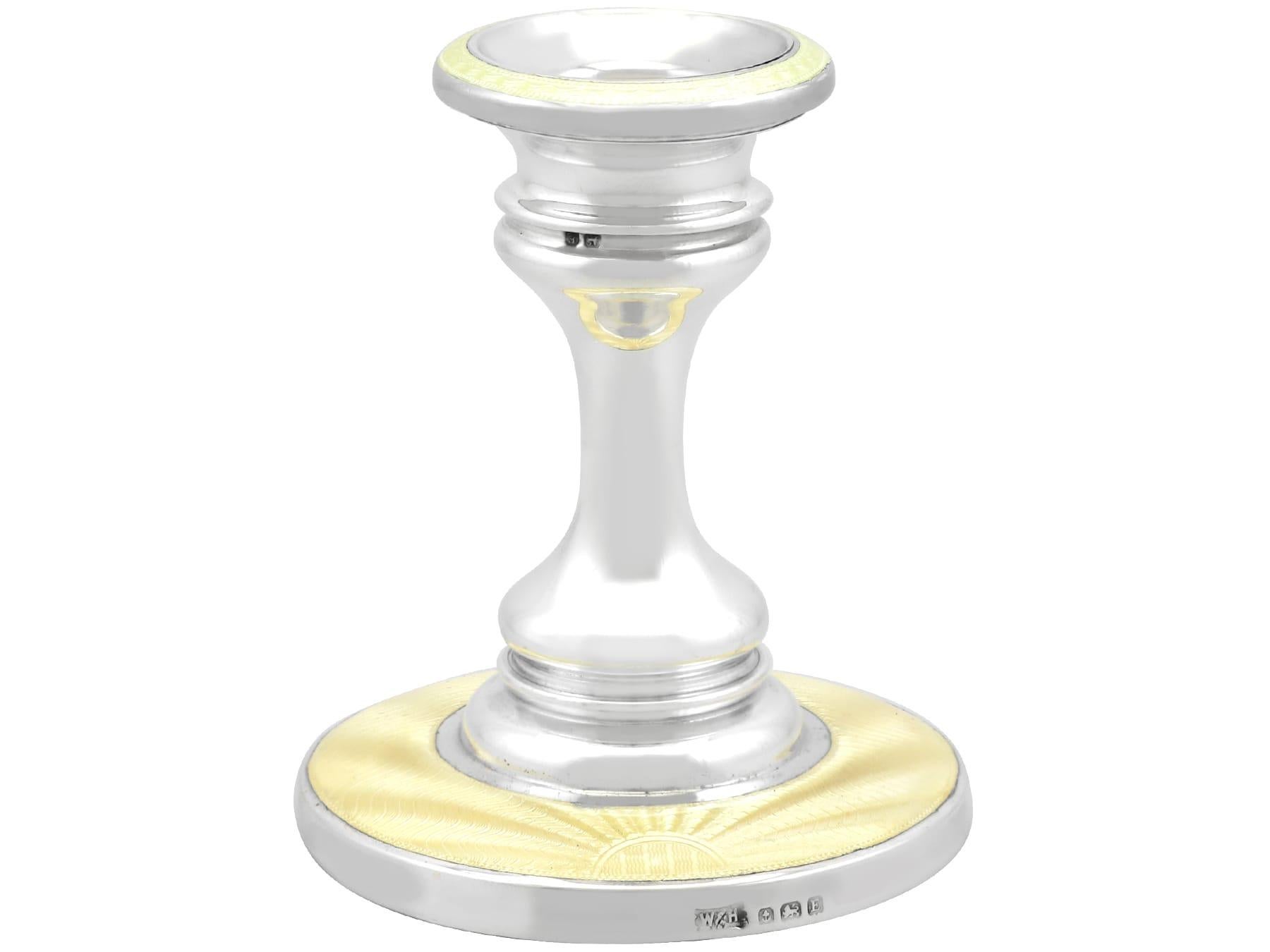 English Antique George V Art Deco Sterling Silver and Enamel Piano / Mantle Candlesticks For Sale