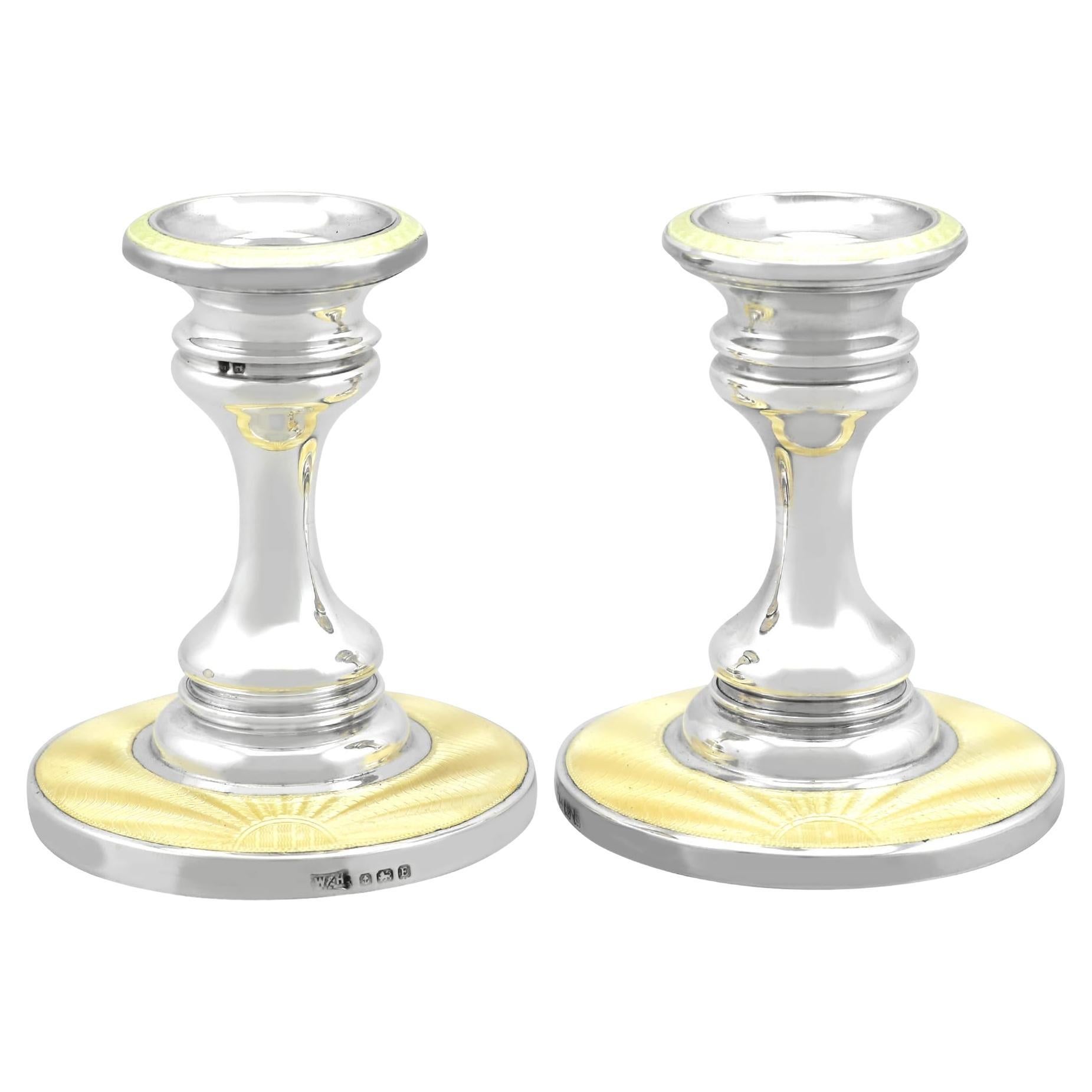 Antique George V Art Deco Sterling Silver and Enamel Piano / Mantle Candlesticks For Sale