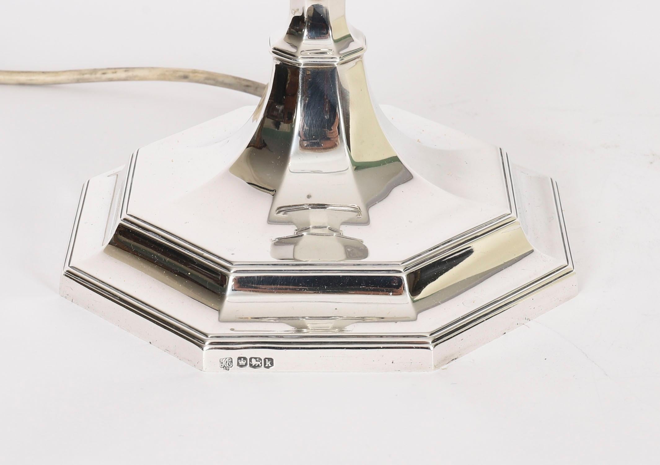 English Antique George V Art Deco Sterling Silver Column Table Lamp Dated 1927 For Sale