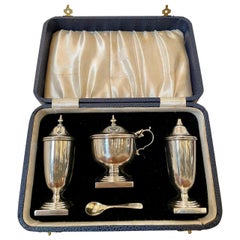 Ensemble à condiments ancien de 4 pièces en argent sterling George V avec coffret, Viners Sheffield