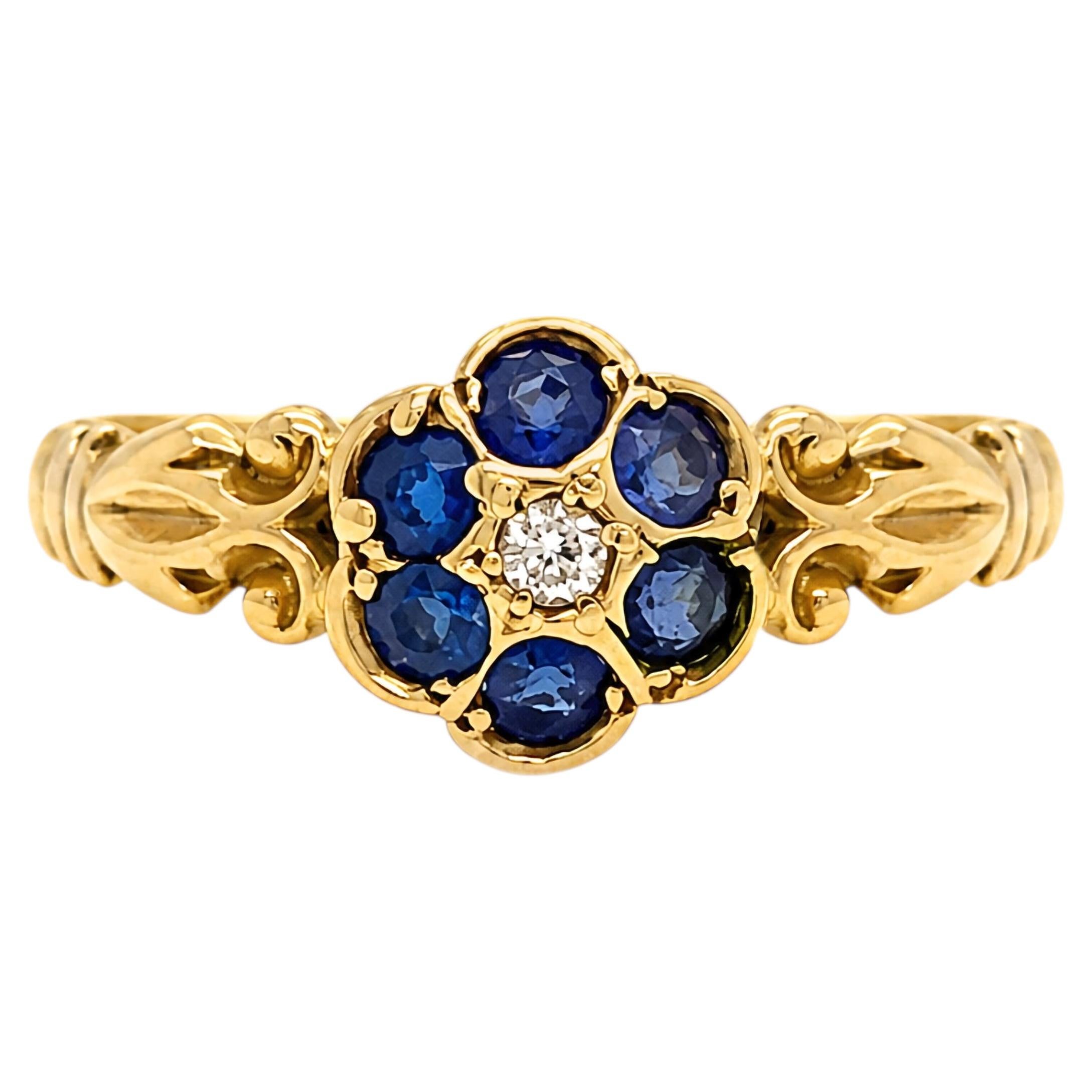 Antique George V Sapphire & Diamond Floral Cluster Ring in 18K Yellow Gold, 1918