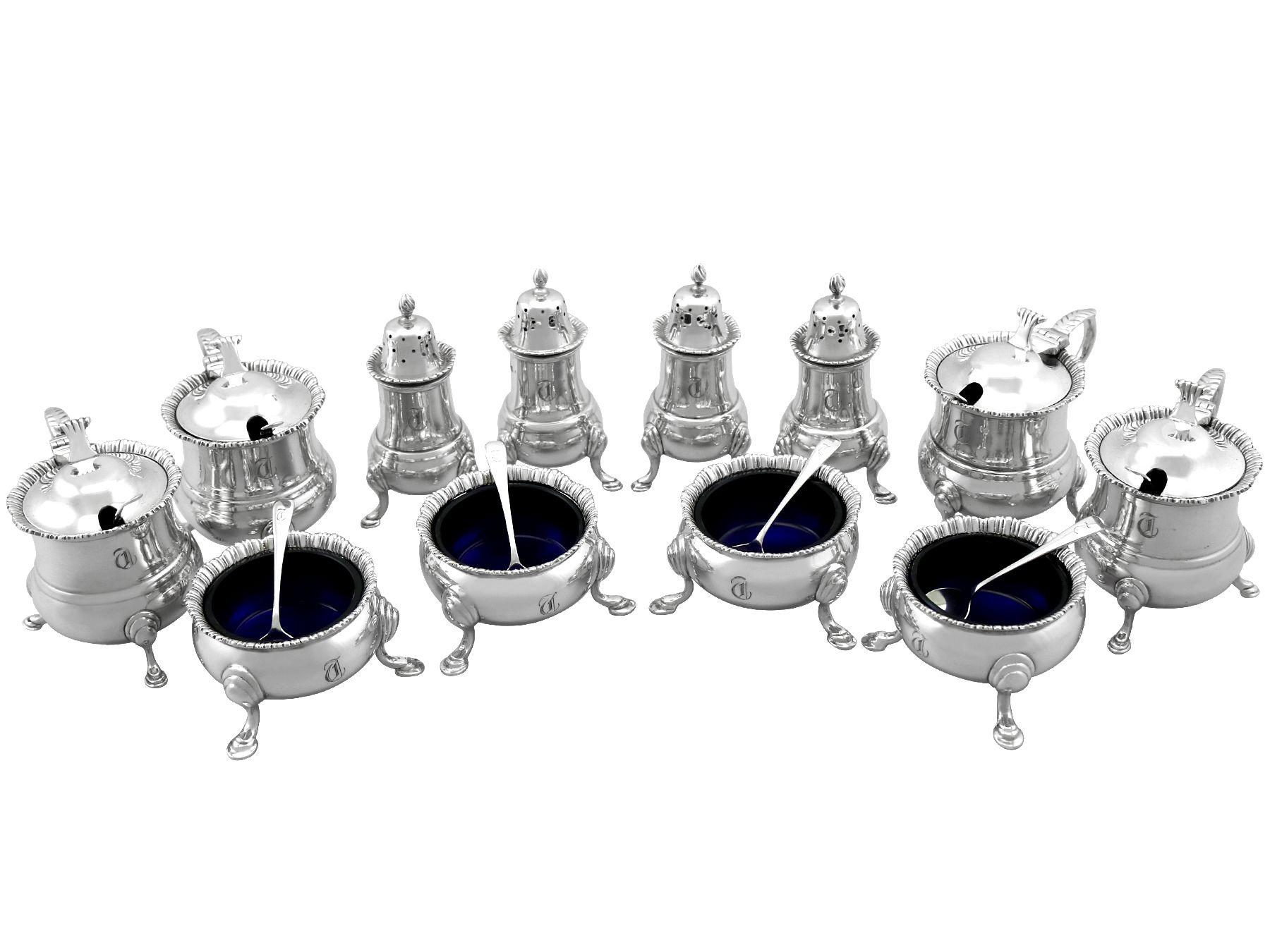 An exceptional, fine and impressive, comprehensive antique George V English sterling silver twelve piece condiment / cruet set - boxed; an addition to our dining silverware collection

This exceptional antique George V twelve piece boxed silver