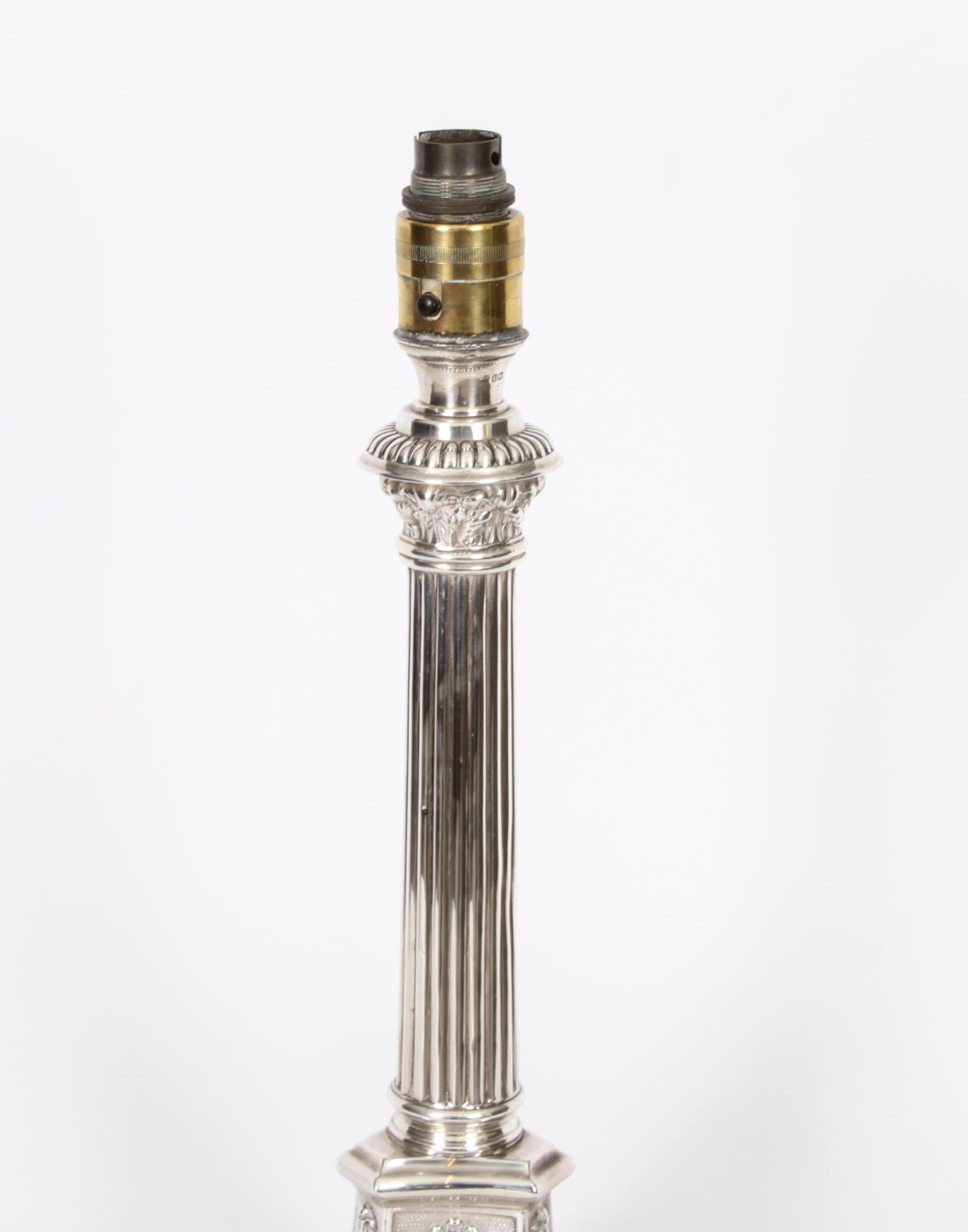 Antique George V Sterling Silver Corinthian Column Table Lamp Dated 1928 1