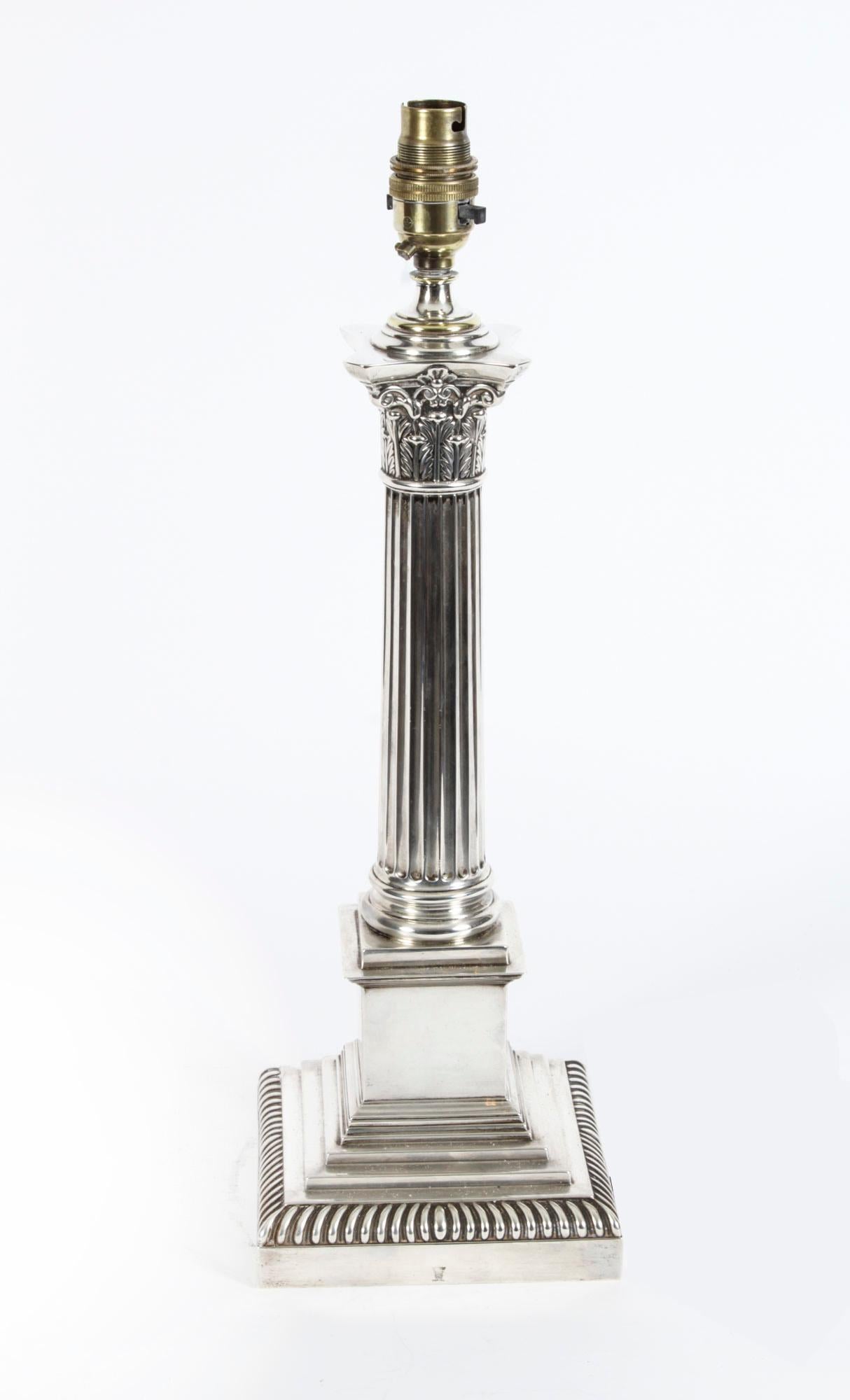 Antique George V Sterling Silver Corinthian Column Table Lamp Hallmarked, 1928 6
