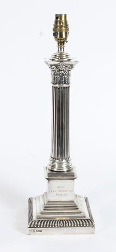 Antique George V Sterling Silver Corinthian Column Table Lamp Hallmarked, 1928