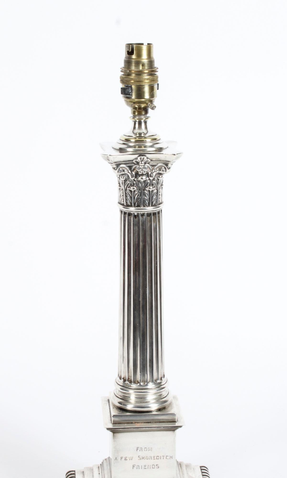 English Antique George V Sterling Silver Corinthian Column Table Lamp Hallmarked, 1928