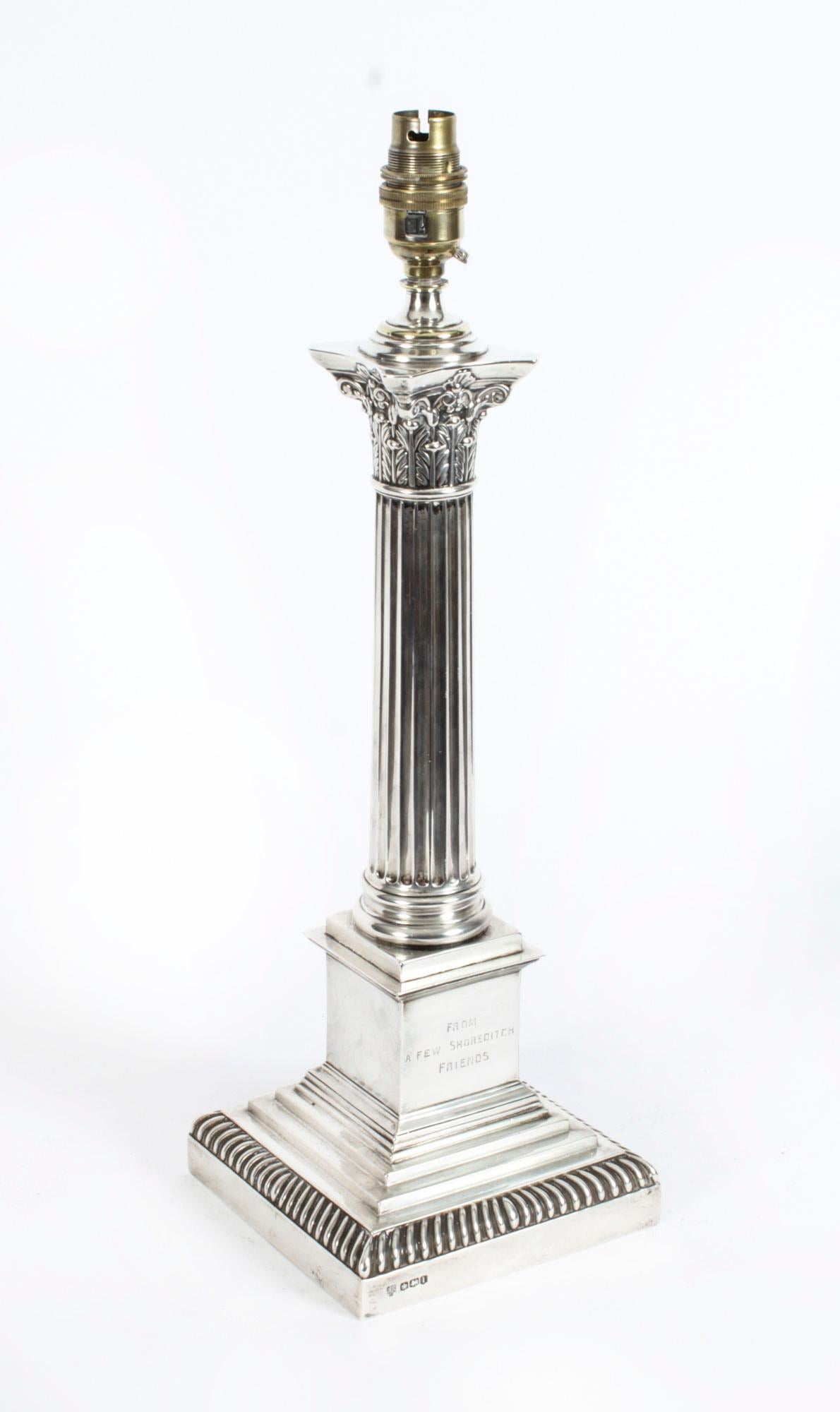 Antique George V Sterling Silver Corinthian Column Table Lamp Hallmarked, 1928 4