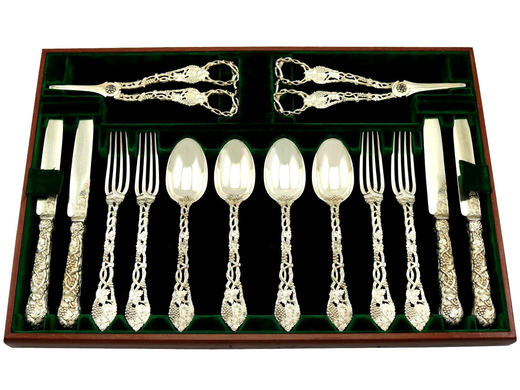 Antique V Sterling Silver Gilt Canteen of Cutlery for Eighteen