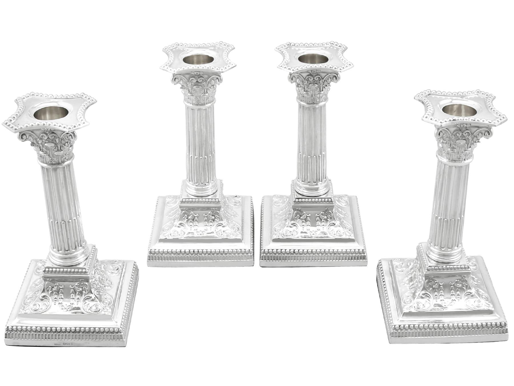 An exceptional, fine and impressive set of four of antique George V English sterling silver piano candlesticks; an addition to our antique silverware collection.

These exceptional, fine and impressive antique George V sterling silver piano