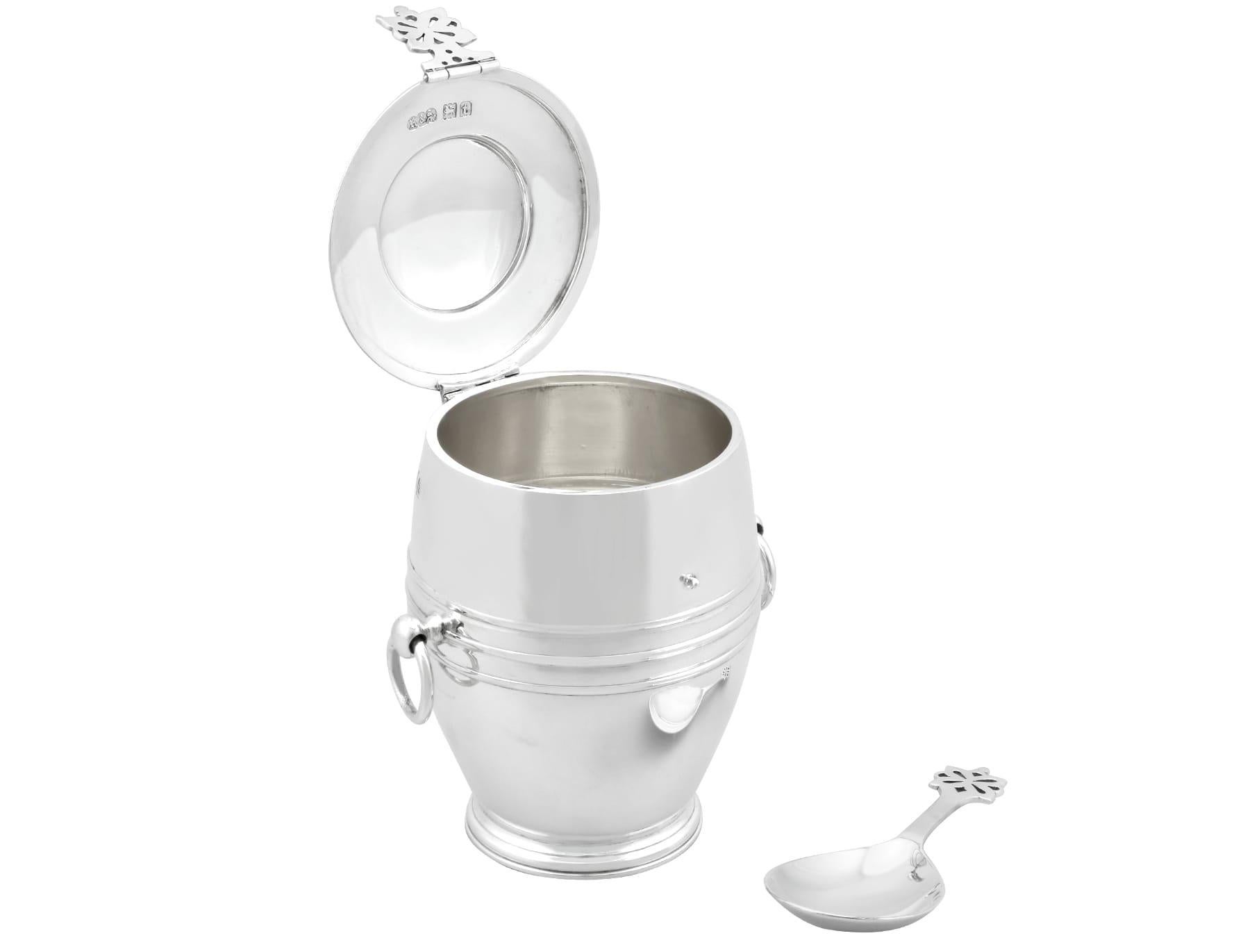 Early 20th Century Antique George V Sterling Silver Tea Caddy and Spoon (1914) For Sale