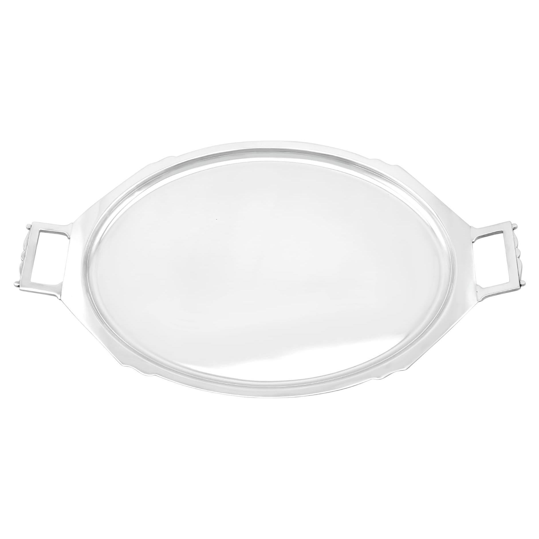 Bandeja para bebidas antigua Jorge VI Art Decó de plata de ley con asas (1937) en venta