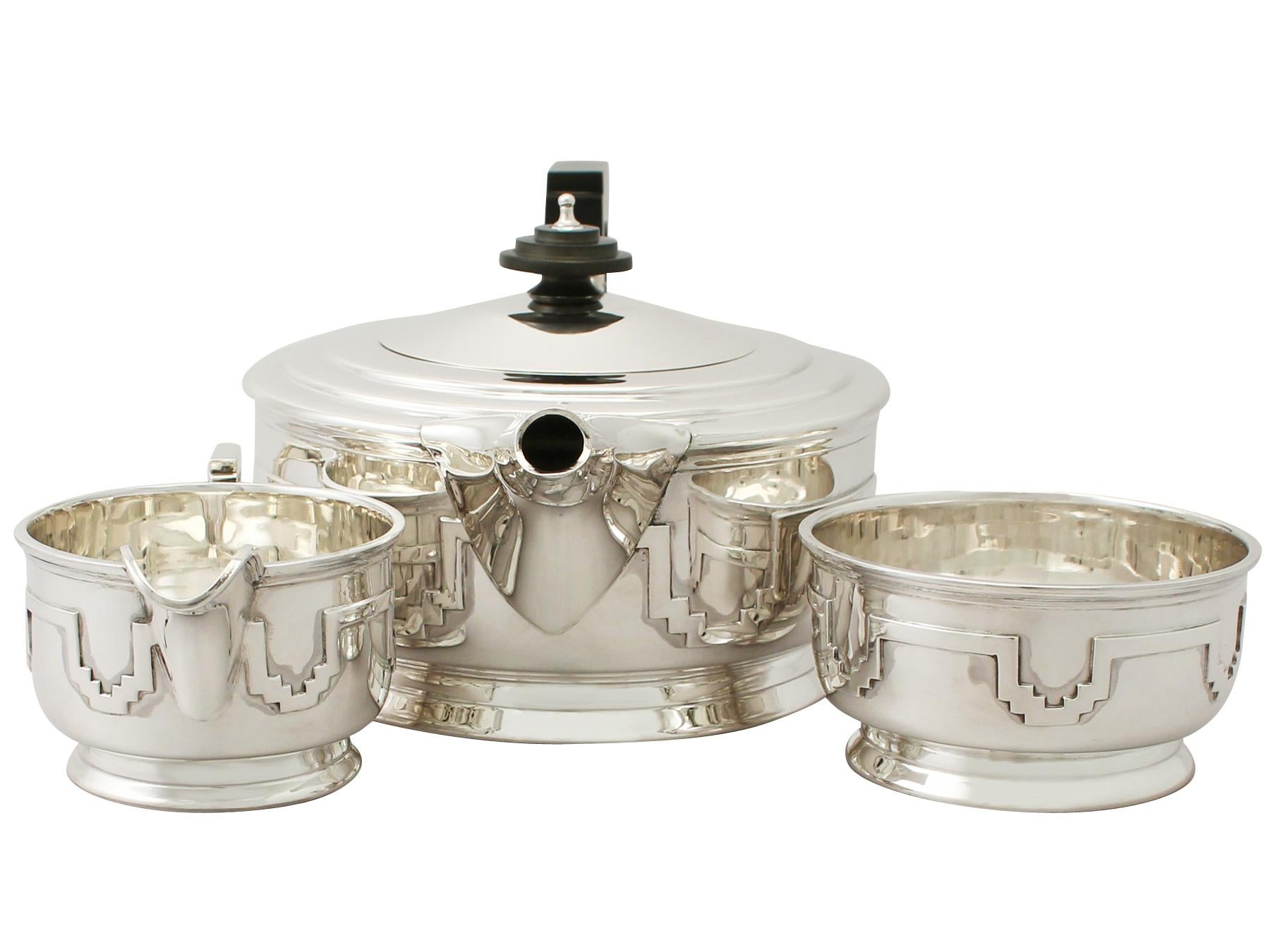 English Antique George VI Art Deco Sterling Silver Three-Piece Tea Service