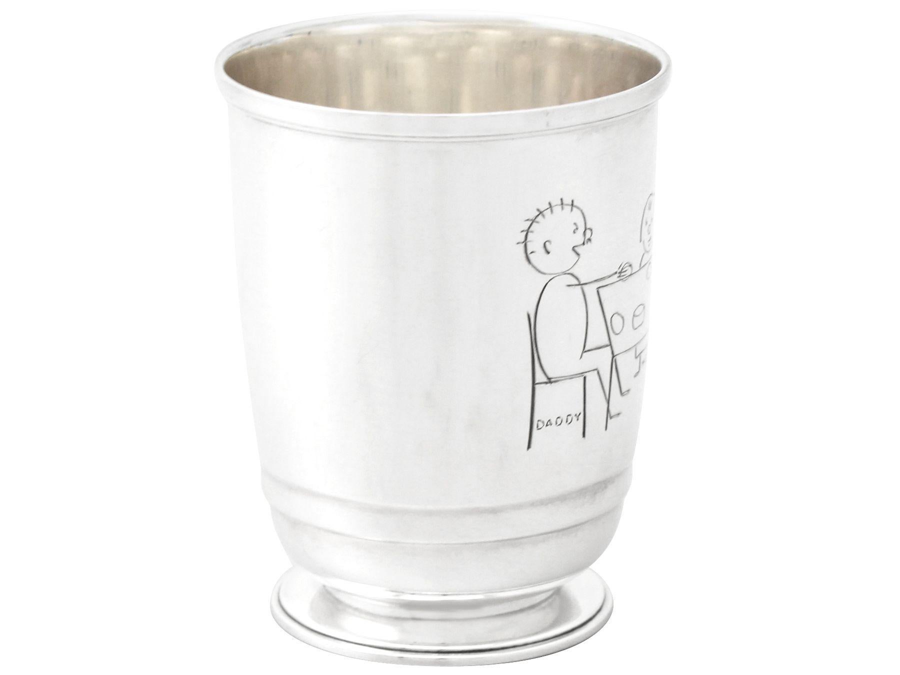 A fine and impressive, unusual antique George VI English sterling silver character christening mug in the Art Deco style.

This fine antique George VI sterling silver christening mug has a plain bell shaped form onto a circular spreading foot.

One