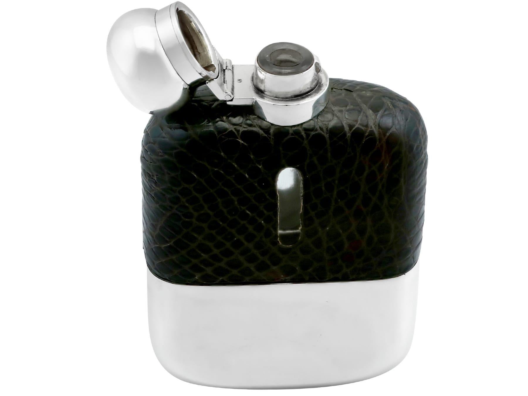 Antique George vi Sterling Silver and Crocodile Skin Hip Flask, '1938' For Sale 2