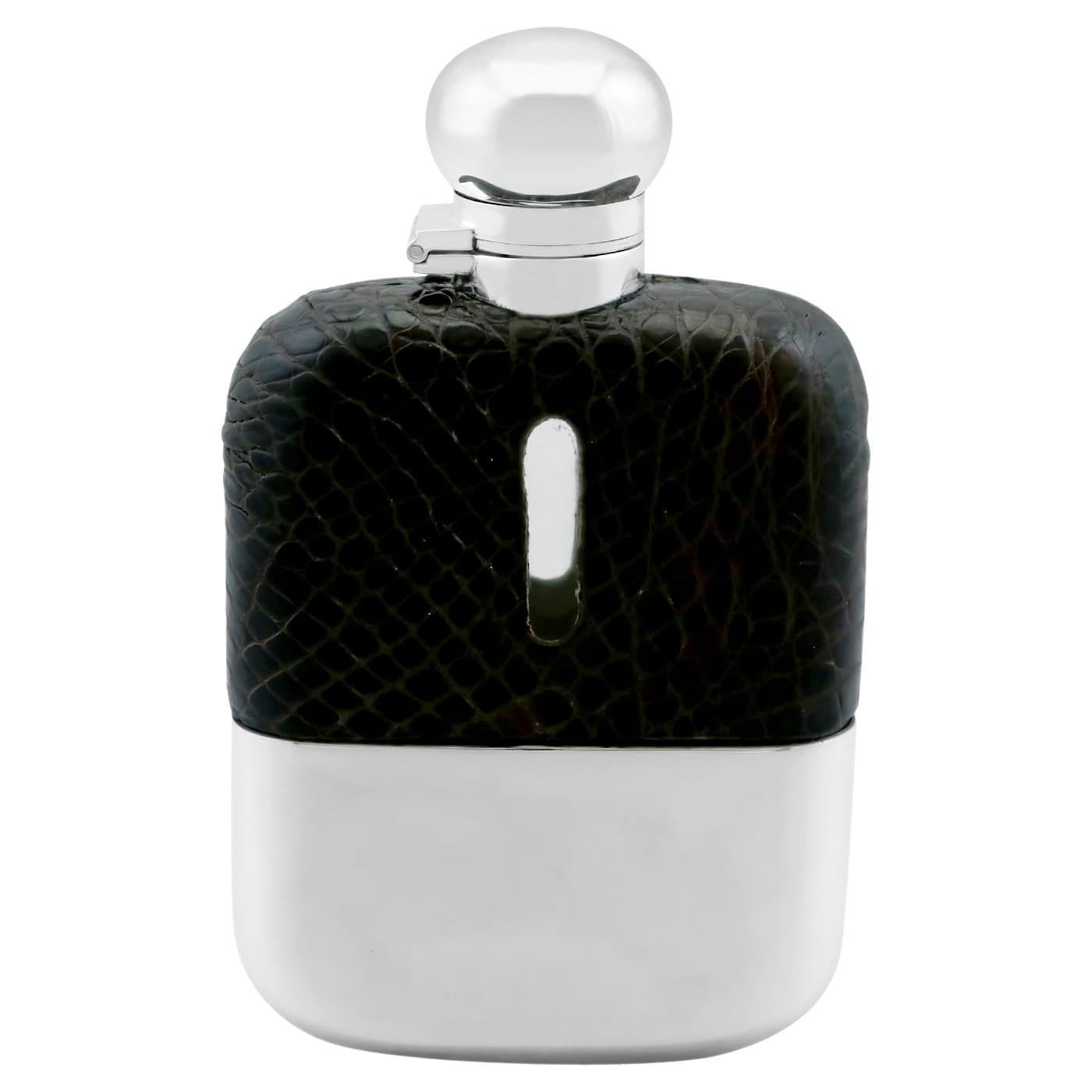 Antique George vi Sterling Silver and Crocodile Skin Hip Flask, '1938' For Sale