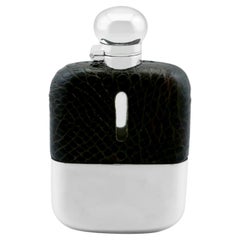 Antique George vi Sterling Silver and Crocodile Skin Hip Flask, '1938'