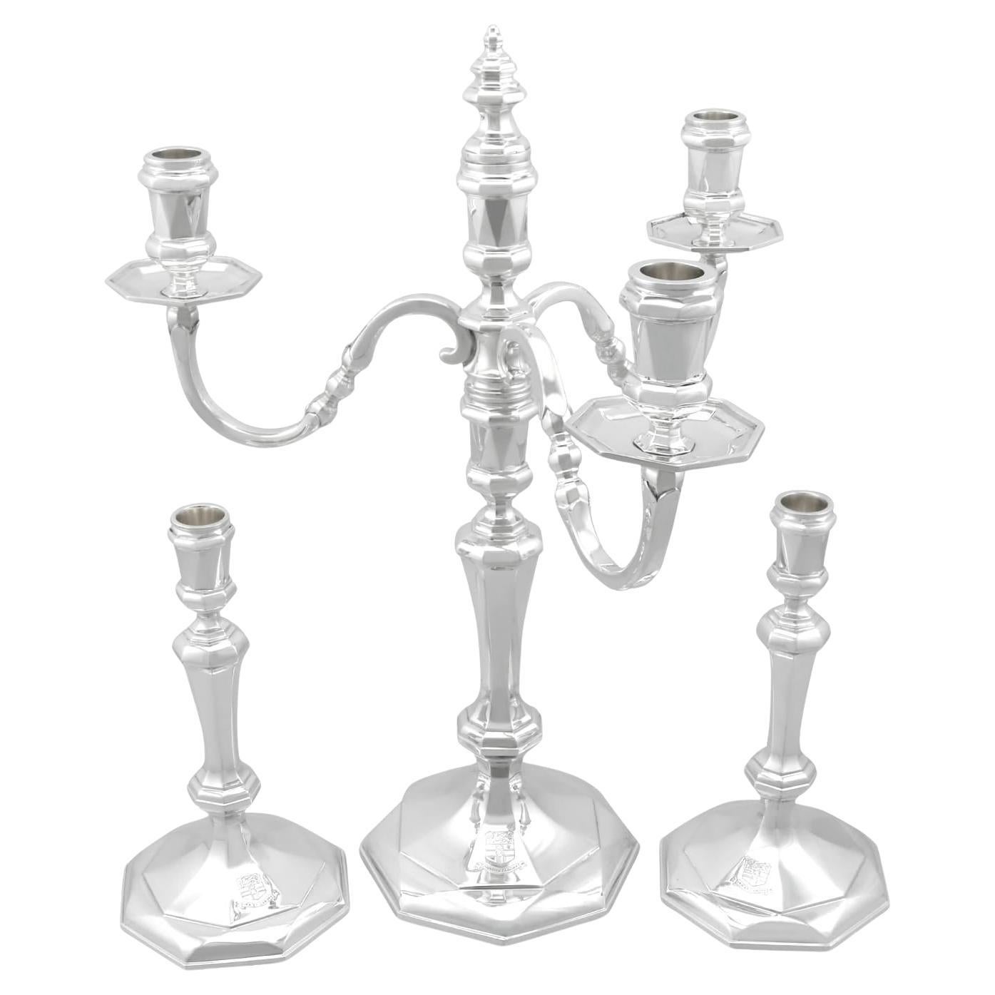 Antiguo candelabro y candeleros de plata de ley Jorge VI (1938)