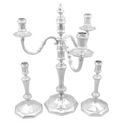 Antiguo candelabro y candeleros de plata de ley Jorge VI (1938)