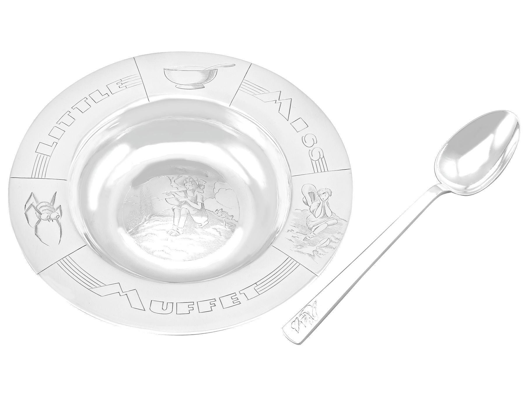 An exceptional, fine and impressive antique George VI English sterling silver Christening bowl and spoon set made by Asprey & Co Ltd - boxed; part of our diverse christening silverware collection.

This exceptional and rare antique George VI English