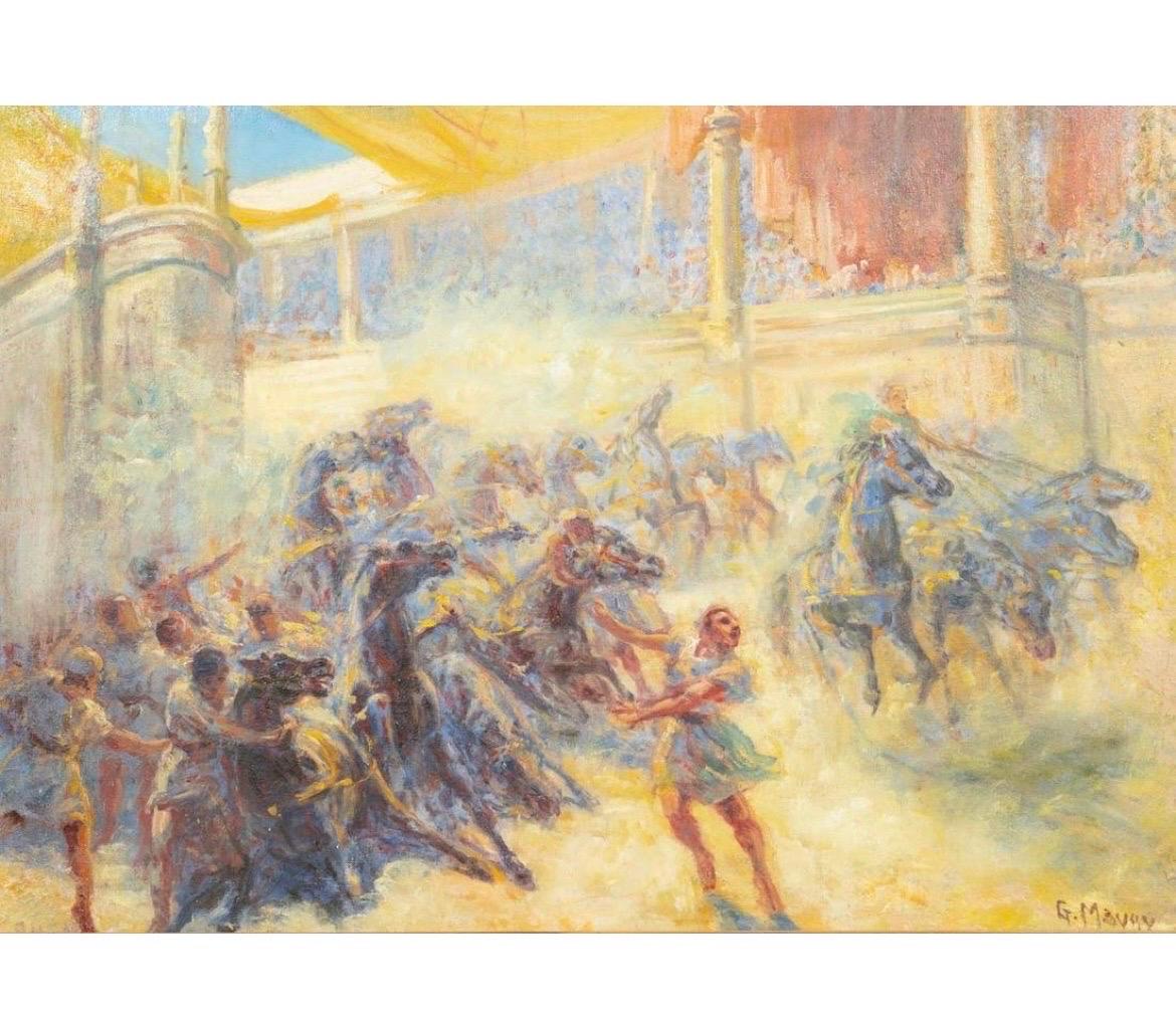 Georges Sauveur Maury (Franzose 1872-1972), Anfang 20. Jahrhundert, Öl auf Leinwand Impressionistische Wagenrennenszene mit Figuren, die im Kolosseum fahren, rechts unten signiert. 

Ungefähr: H. 25,75