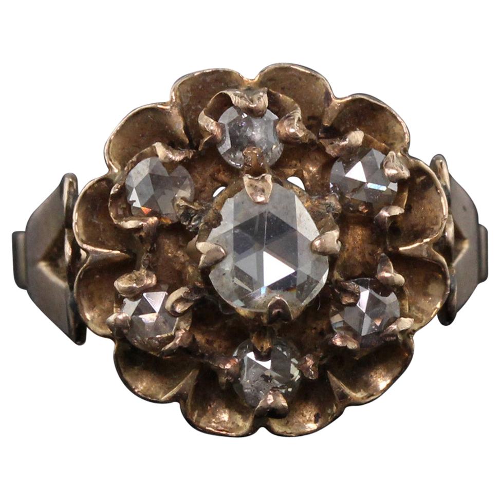 Antique Georgian 10 Karat Yellow and Rose Cut Diamond Cluster Ring