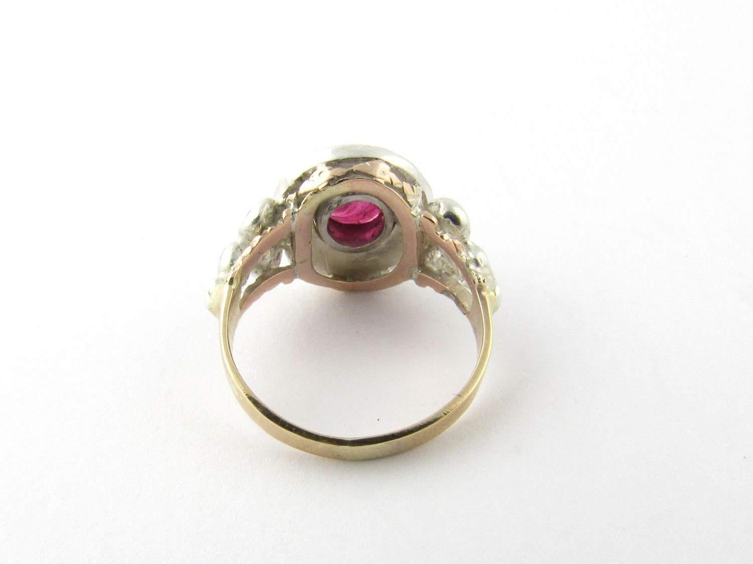 10 Karat Yellow Gold Rose Cut Diamond Lab Created Ruby Floral Ring For Sale 5