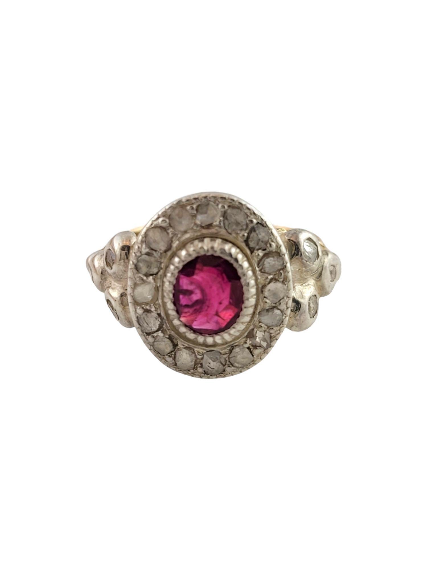 
 10K Yellow Gold Rose Cut Diamond and Lab Created Ruby Floral Ring Size 6.25

This striking ring dazzles with rose cut diamonds set in sterling silver. Platinum and white gold was not available in this time period, so sterling was used for the