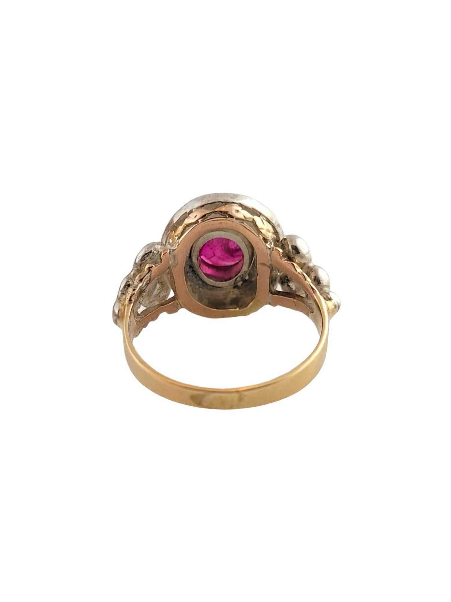 10 Karat Yellow Gold Rose Cut Diamond Lab Created Ruby Floral Ring In Good Condition For Sale In Washington Depot, CT